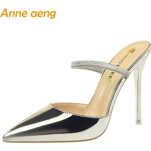 2019 New Summer Outside Women Slippers High Thin Heel Solid Fashion Sexy Ladies Women Shoes Silver Female Mules Slides