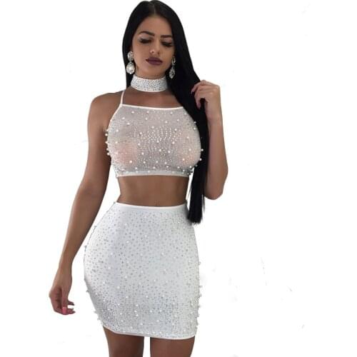 Womens Mini Skirts Sets New Womens Clothing Nail Bead Hot Diamond Sexy Bandage Nightclub Skirt Three Piece Suit Summer Dress