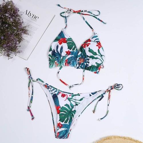 Floral Print Bikini Set Women Halter Bandage Bikinis Female Push-Up Brazilian Swimwear Beachwear Summer 2021 New Beach Wear 0317
