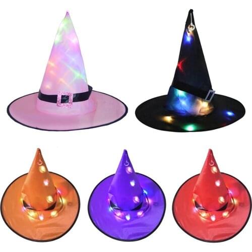 1pcs Halloween Witch Hat with LED Light Glowing Witches Hat Hanging Halloween Decor Suspension Tree Glowing Hat for Kids