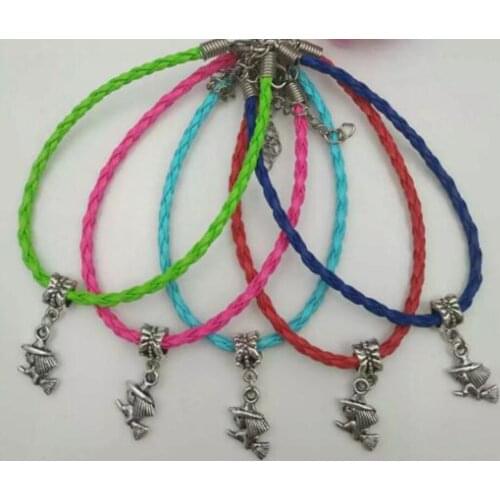 Hot 10pcs/lot Fast shipping Witch Charm Pendant Mixed Leather Cord Bracelet DIY Women Jewelry Gift