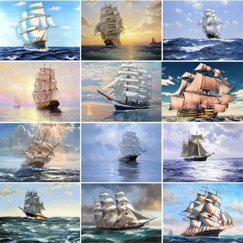 Sailboat on the sea 5D DIY Diamond Painting Full Square Round Diamond Embroidery Mosaic Landscape Series Home Decor