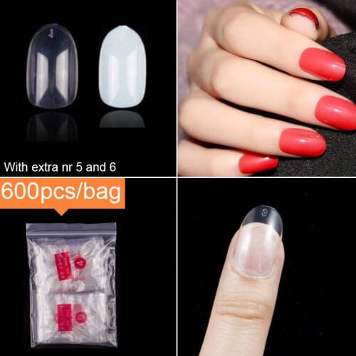 600 pcs/pack ( With 50 pcs Extra Nr 5, Nr 6 ) Short Round Shape False Nail Tips Acrylic Fake Nails 10 Sizes