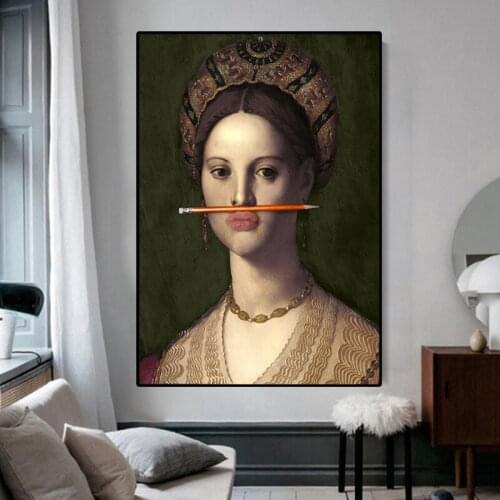 Abstract Classical European Woman Fun Lips Pen Canvas Paintings Wall Art Posters and Prints Pictures for Home Decoration