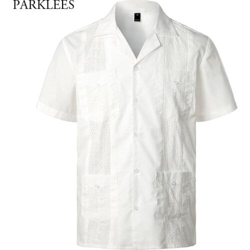 White Cuban Guayabera Shirt Men Short Sleeve Casual Button Down Embroidery Mens Shirts Soft Solid Color Revere Collar Male Shirt