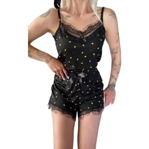 Black Light Yellow Lemon Lace Detailed Rope Strap Shorts Knitted Pajamas Set Spaghetti Strap Short Female Set Homewear Casual