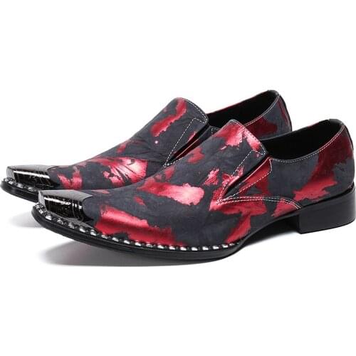 Christia Bella fashion men genuine leather party shoes male plus size metal pointed toe shoes mens red printing dress shoes