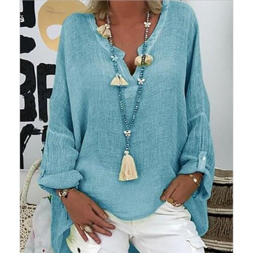 Womens Plus Size Blouse Shirt Solid Colored Long Sleeve Loose Tops cotton Linen V Neck White Black Blushing Pink