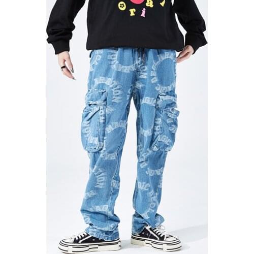 Harajuku Full Lette Print Pockets Washed Jeans Pants Men and Women Elastic Waist Straight Baggy Oversize Denim Trousers Hip Hop