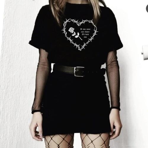 Barbed Wire Heart Streetwear Gothic T-Shirt Women Punk Fashion Grunge Aesthetic Graphic T Shirts Female Cute Harajuku Goth Tops