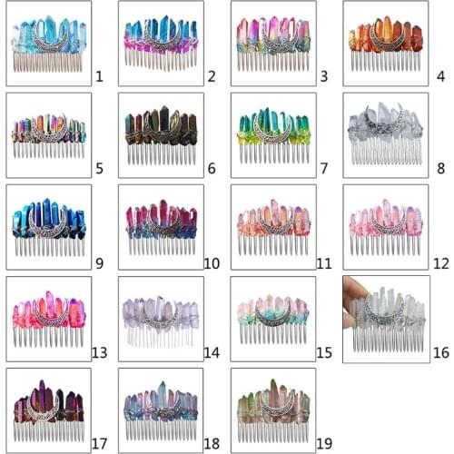 Gradient Rainbow Faux Raw Crystal Hair Comb Angel Aura Bridal Wedding Hairpin Jewelry Alloy Moon Boho Tiara Crown Stick C1FE
