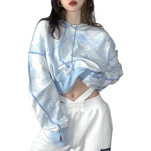 Hirigin Stylish Women’s Casual Long-sleeved Drawstring Hoodies Fashion Tie-dye Printing Loose Pullover Sweatshirt Feminine Coat