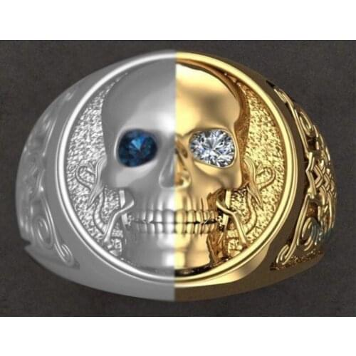 Retro Exaggeration Double Color Separation Skeleton Ring White/blue Gem Eye Skeleton Ring Mens Motorcycle Rock Punk Jewelry