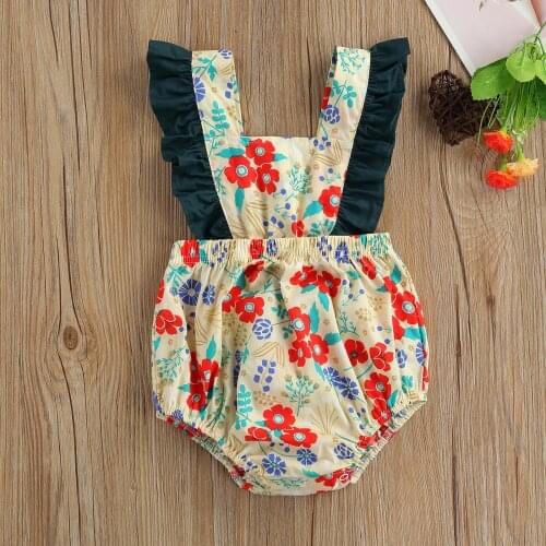 Newborn Baby Girls Fly Sleeve Romper Summer Infant Outfits Square Collar Jumpsuits Tie Up Floral Print Ruffles Lovely Playsuit