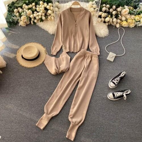 Fashion Knitted Sweater 3 Piece Set Womens Suit Knitted Jacket Cardigan+Chain Vest And High Waist Long Pants Casual Sets New