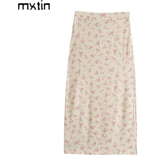 MXTIN 2021 Women Summer Fashion Floral Print High Waist Split Midi Skirt Vintage Zipper Streetwear Gril Skirts Casual Vestidos