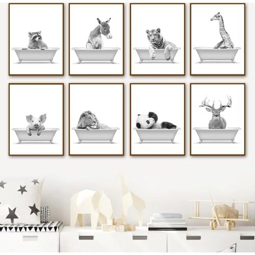 Deer Raccoon Tiger Lion Giraffe Panda Bathtub Wall Art Canvas Painting Nordic Posters And Prints Wall Pictures Kids Room Decor