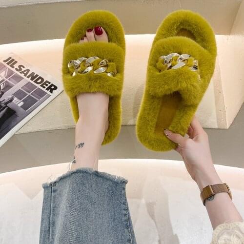 RALSWNAY 2021 New Women Fur Slippers Winter Slides Fluffy Furry Sandals Woman Flip Flops Home Slippers Hot Ladies Plush Shoes