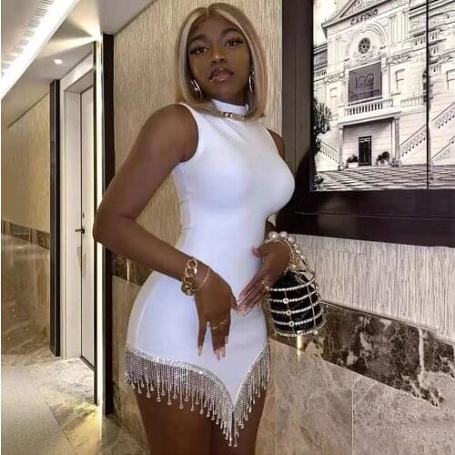 2021 new womens black and white sleeveless O-neck diamond V-shaped fringed tie dress tight-fitting elegant sexy evening mini dr