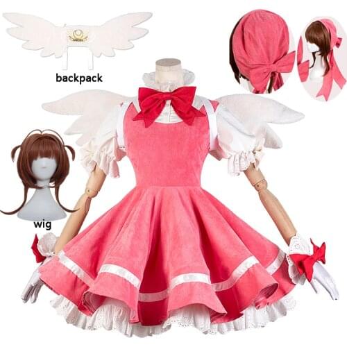 New Anime Cardcaptor Sakura Cosplay Costume Kinomoto Sakura Luxury Pink Dress Corduroy Carnival Halloween Costumes for Women wig