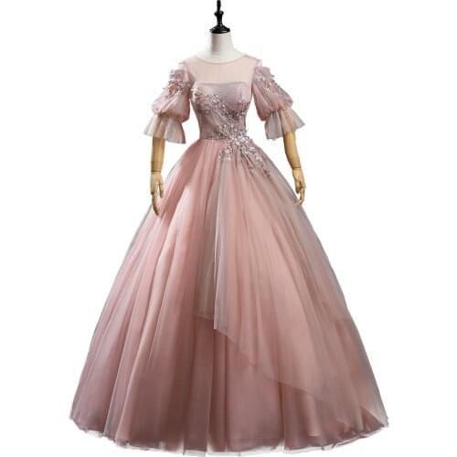 Luxury bean pink sequined flower ball gown princess medieval long dress Renaissance gown queen Victoria/customs making