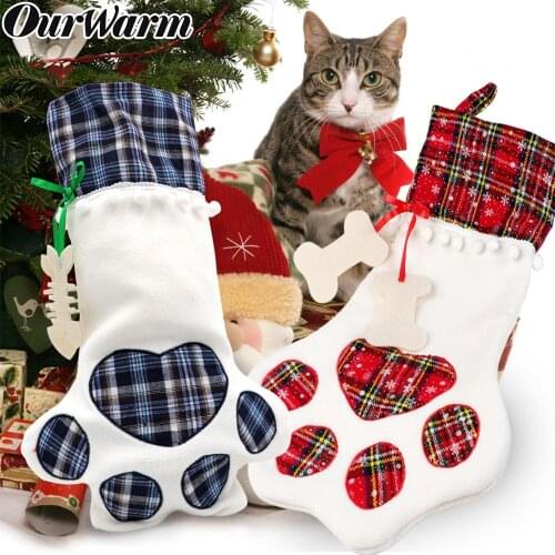 OurWarm Christmas Socks Red Blue Plaid Dogs Paw Stockings Sacks Hanging New Year Kids Gifts Christmas Party Decoration 46x28cm