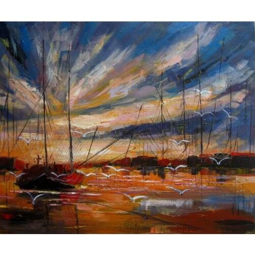 Handpainted Seascape Oil Painting Abstract Wall Art Harbour Painting for Living Room Home Decor No Framed