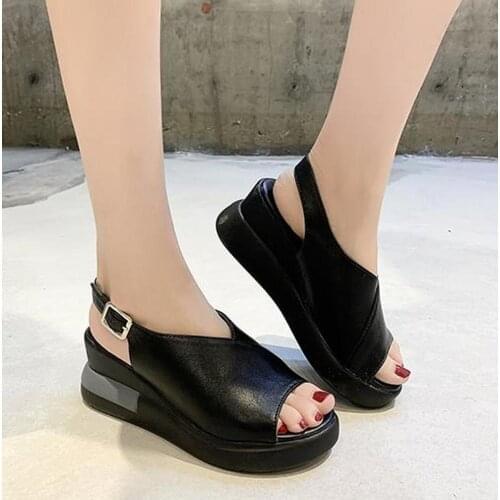 Sandals 2021 new womens summer slope heel thick-soled fish mouth womens shoes soft leather high platform shoes women