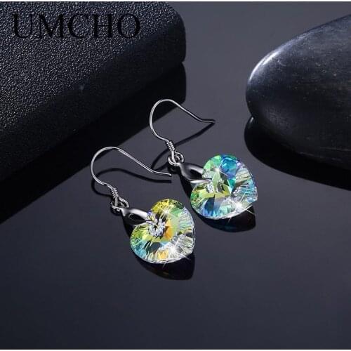 UMCHO Solid Silver 925 Simple Design Jewelry Crystal Heart Shape Drop Earrings For Women Girl Birthday Gifts Daily Fine Jewelry