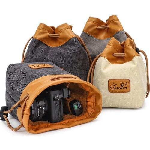Korean Simple Style Waterproof Canvas Camera Bag Portable Photography Padded Lens Bag Protective Lens Pouch for Sonly/Leica/Fuj