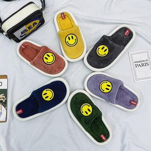 Fashion Smile Print Men Indoor Slippers Winter Loafers Shoes Casual Furry Men Slippers Couples Comfortable Warm Fur Slippers Men