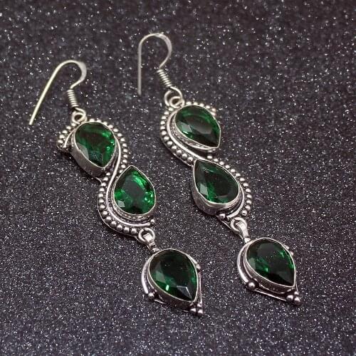 Vintage Shiny Hot GreenTopaz Silver Color For Women Drop Dangle Earrings 3 Inch HD608