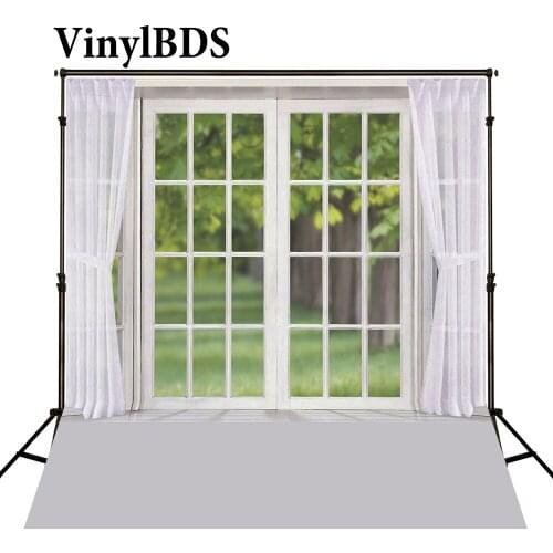 VinylBDS 10x10ft Indoor Wedding Background White Door and Curtain Backdrops Vintage Brcik Floor Backdrop for Photo Studio