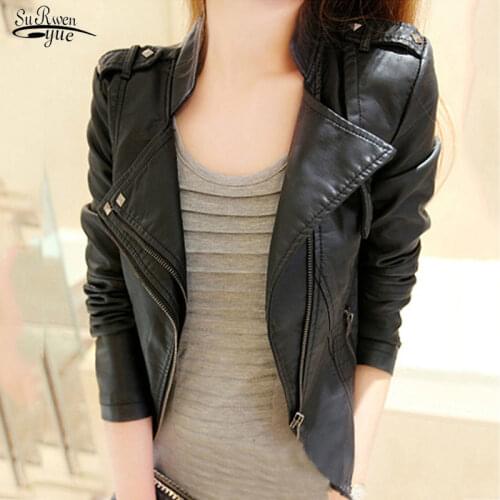 2021 Autumn Winter Turn-down Collar Zipper Slim Black Moto & Biker Jacket Female Ladies Motorcycle Leather Jackets Women 15688