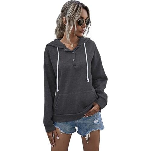 Solid Color Button Long Sleeve Pocket Simplicity Drawstring Hoodies Women Casual Fashion Oversized Streetwear Loose Tops