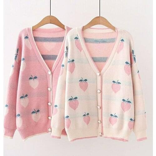 Knitted jacket embroidery women 2021 fashion new long-sleeved V-neck loose sweater peach cardigan casual all-match