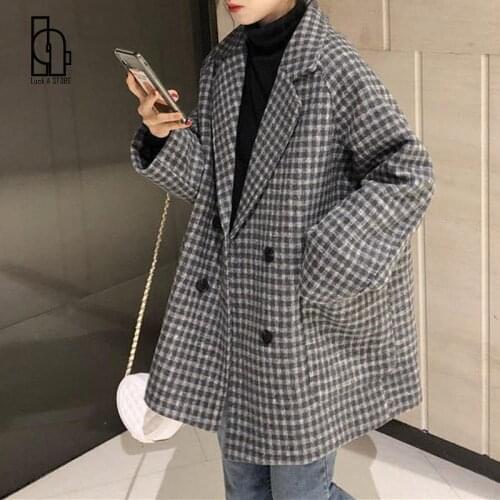 New Vintage Plus Size Womens 2021 Autumn Winter Blazer Suits Korean Loose Thick Plaid Suit Mid-length Check Woolen Coat Jacket