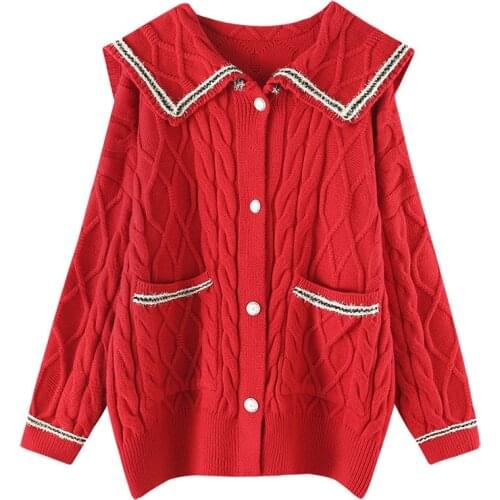 2021 Women Loose Sailor Collar Cardigan Sweater Button Down Knitted Casual Cardigan jacket