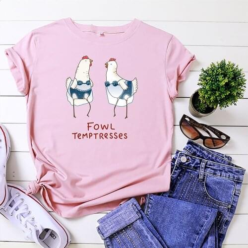 100% Cotton Summer New Womens T-shirt O-Neck Harajuku Funny Cartoon Fowl Temptresses Top Casual Female T shirt Oversized