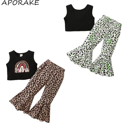 2021 0-5Y Summer Kids Baby Girl Clothing Set Rainbow Print/Solid Sleeveless Black Crop Top+Leopard Flare Pants Fashion Outfits