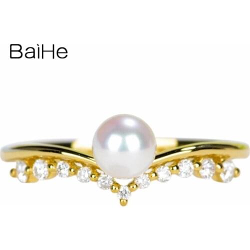 BAIHE Solid 14K Yellow Gold 4.8mm Round Freshwater Pearl Wedding Women Classic Fine Jewelry Beautiful pearl crown diamond Ring