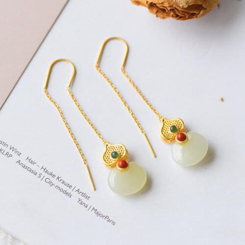 Jade Gourd Earrings Womens S925 Sterling Silver Hetian Earrings Elegant Long Complex Classical Ancientry Earrings Chinese Style