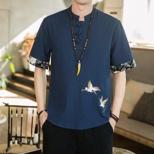 Kimono Crane Japanese Men Short-Sleeved T-shirts Embroidered Clothes Harajuku Shirts Yukata Japan Haori Cardigan Costumes V1989