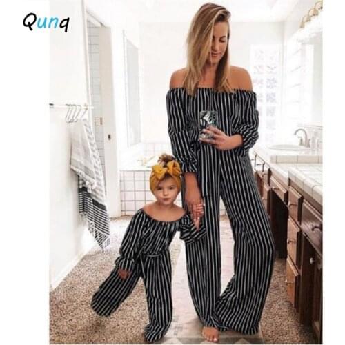 Qunq Mother Daughter Romper Black White Striped Spring Fall Matching Family Outfits Long Sleeve Jumpsuit for Woman Children
