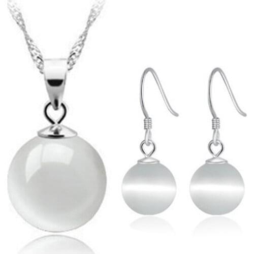 Utimtree Brand Simple 925 sterling silver Wedding Jewelry Sets for Bride Opal Cat Eyes Stone Women Necklace Earring Set 10MM
