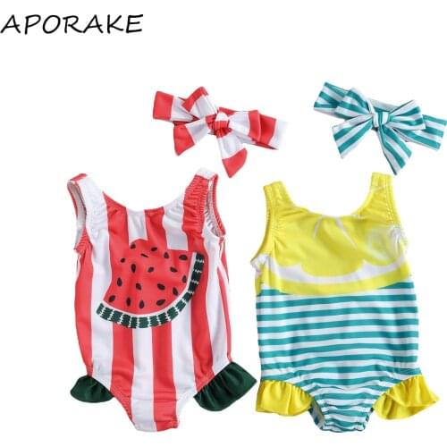 2021 3-24M Baby Girl Swimwear Striped Watermelon Print Sleeveless One Piece Swimsuit Summer Holiday Beachwear Tankini+Headband