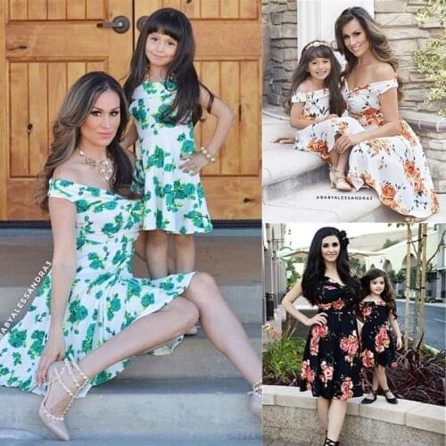 Summer Mother and Daughter Dress Clothes Flower Printing Sleeveless Off Shoulder Dress Beach Maxi Dress Family Clothes