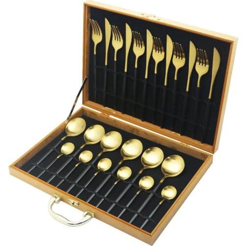 24Pcs Stainless Steel Dinnerware Set Black Gold Cutlery Set Knife Fork Spoon Dinner Flatware Set Kitchen Tableware Set With Box