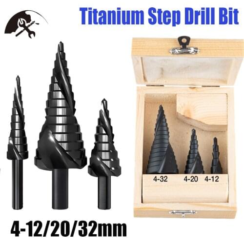 Titanium Step Drill Bit 3 Packs Spiral Step Drill Bit Set with 4-12/20/32mm