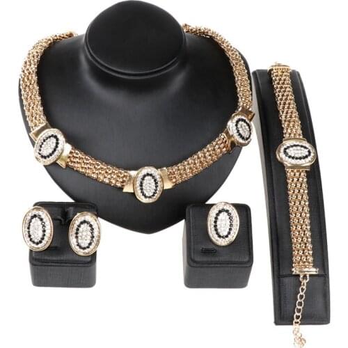 New Black White Austrian Crystal Jewelry Set for Women Gold Color Oval Pendant Necklace Bracelet Earring Ring Sets bijoux